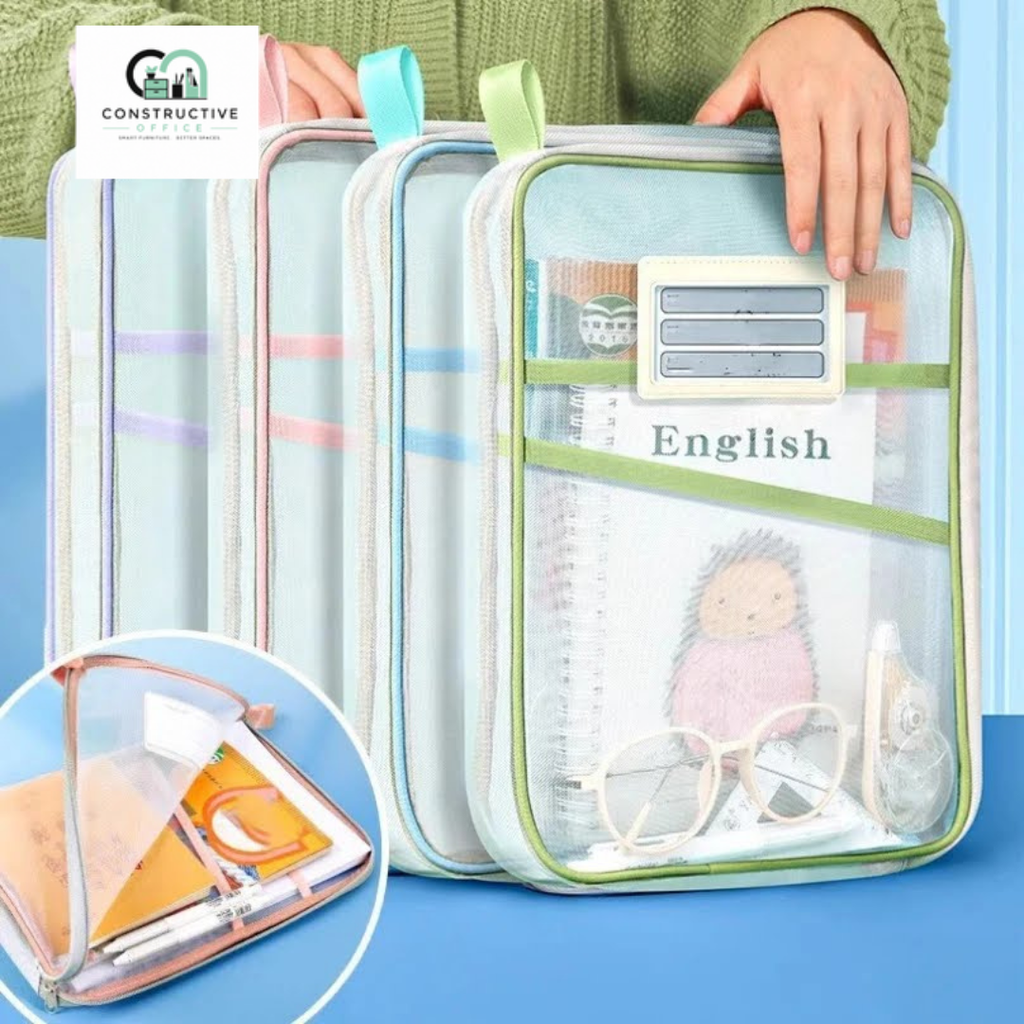Constructive Office A4 Stationery Storage Bag – Double Layer Mesh Zipper Document Organizer Pouch