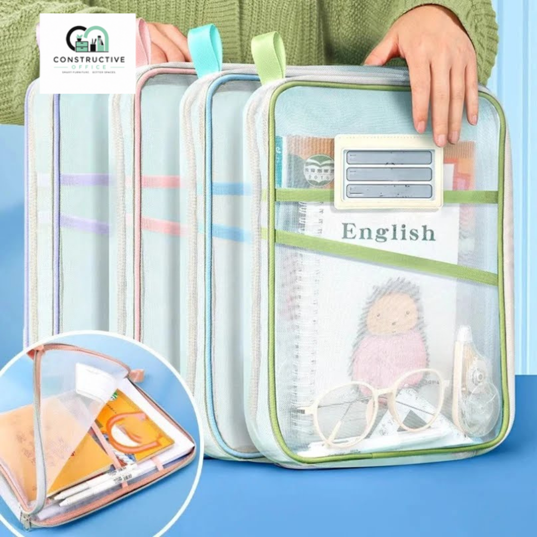 Constructive Office A4 Stationery Storage Bag – Double Layer Mesh Zipper Document Organizer Pouch