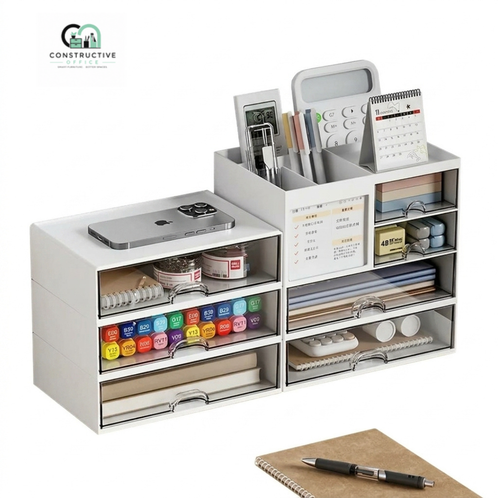 Constructive Office Desktop Organizer with Drawer – Partition Storage Box for Office & Stationery Supplies
