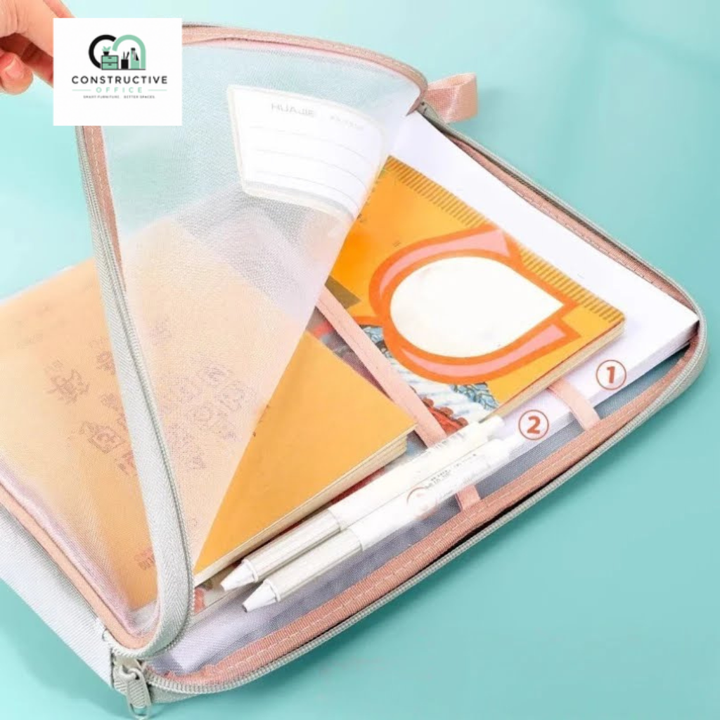 Constructive Office A4 Stationery Storage Bag – Double Layer Mesh Zipper Document Organizer Pouch