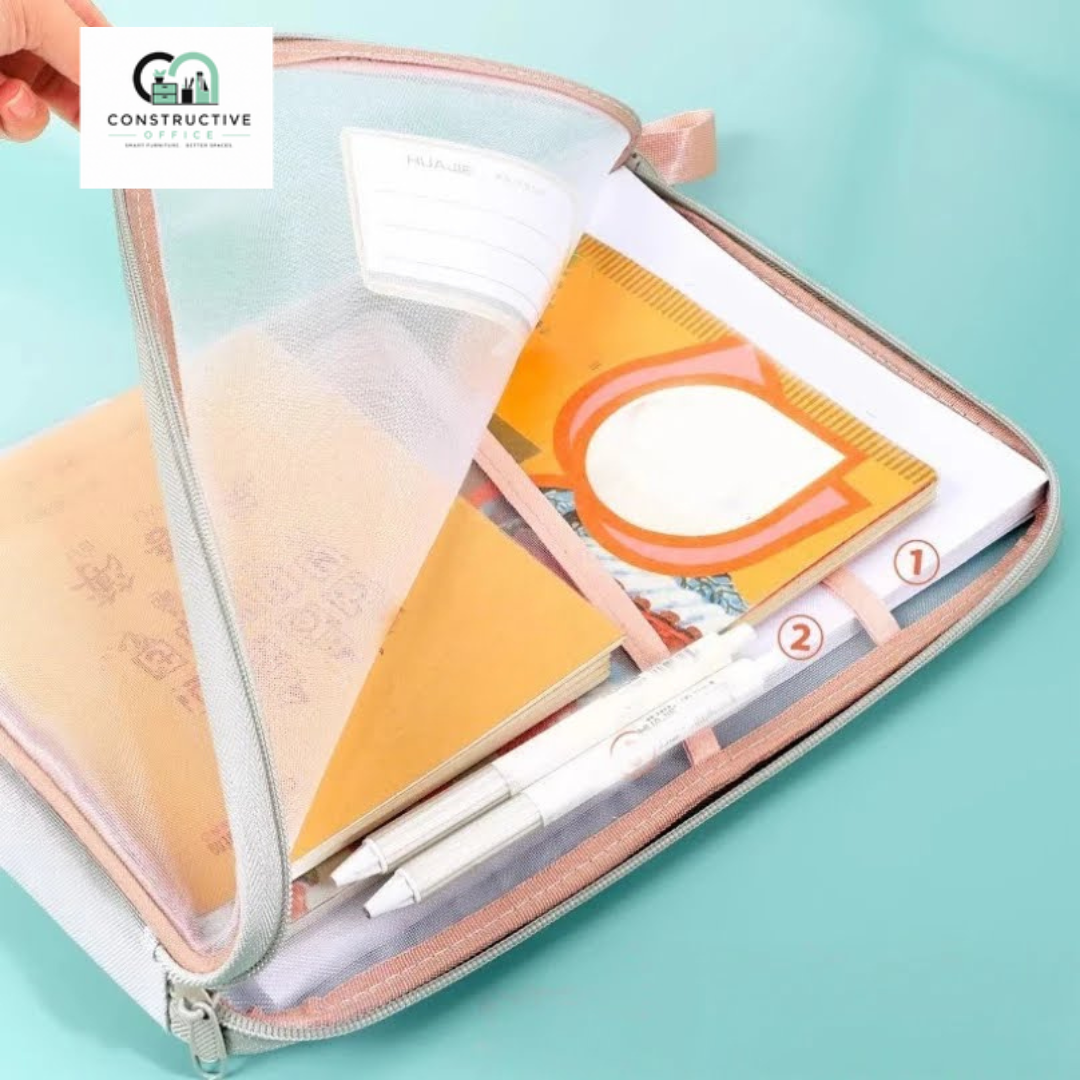 Constructive Office A4 Stationery Storage Bag – Double Layer Mesh Zipper Document Organizer Pouch