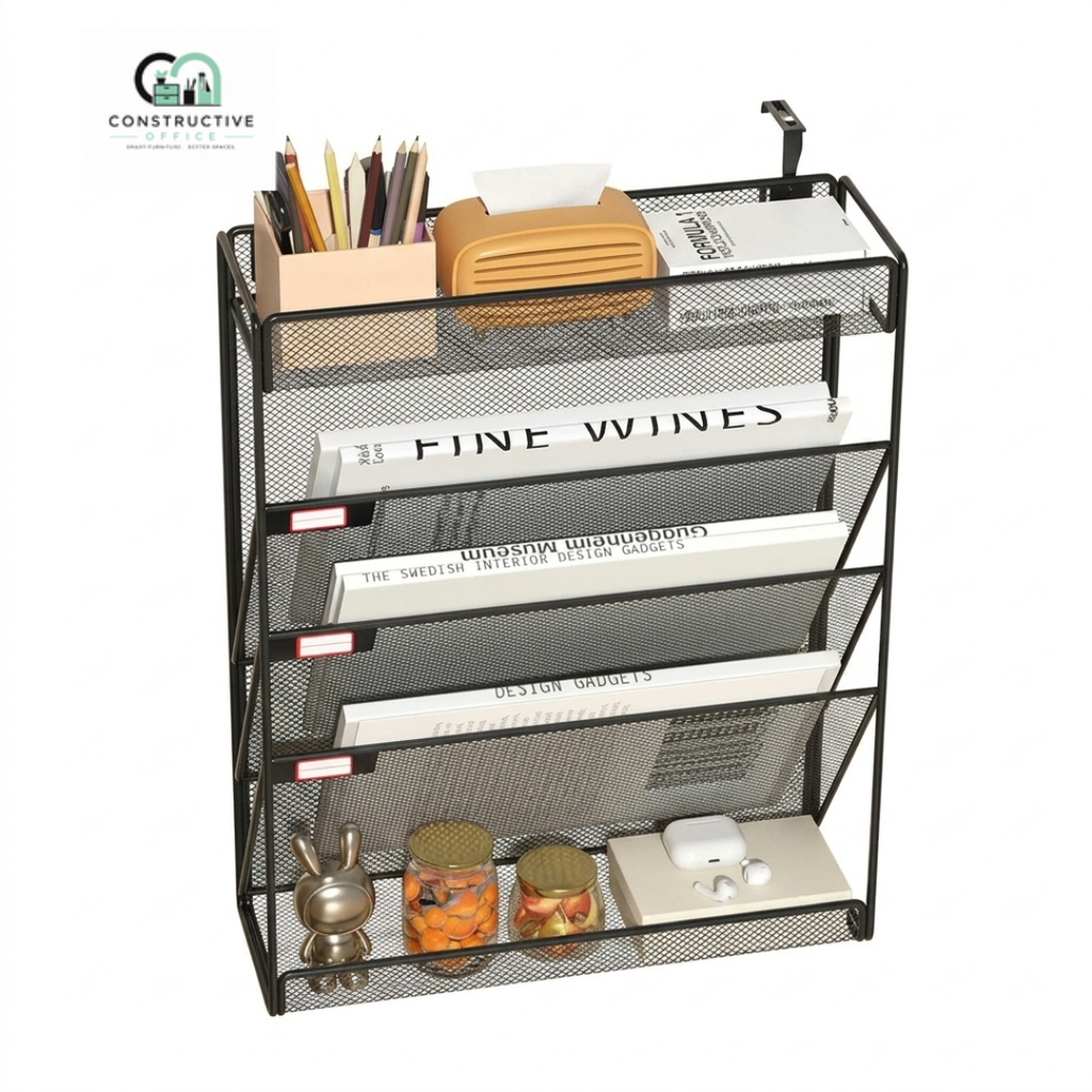 Constructive Office 5-Tier Mesh Desk File Organizer – Desktop & Wall Mount Document Holder Rack